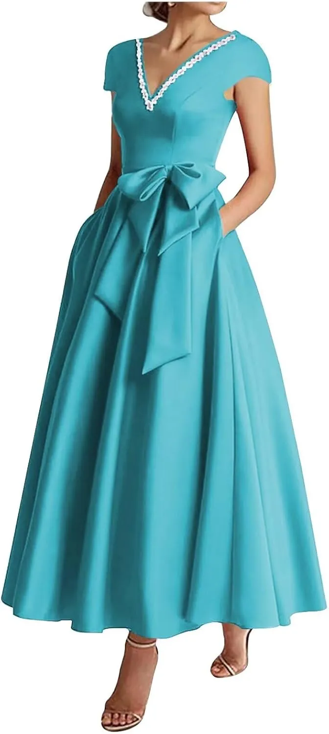 Women's Cap Sleeves Elegant Dress with Pocket Satin V Neck Tea Lenght A Line Formal Wedding Guest Dress with Bow