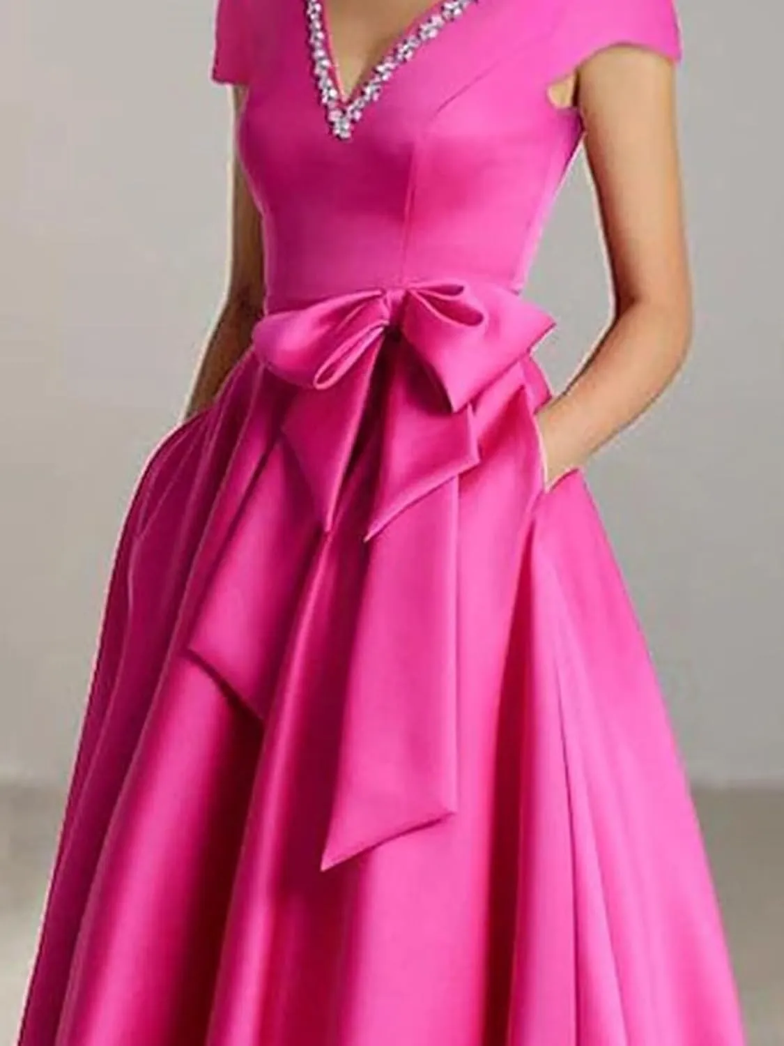 Women's Cap Sleeves Elegant Dress with Pocket Satin V Neck Tea Lenght A Line Formal Wedding Guest Dress with Bow
