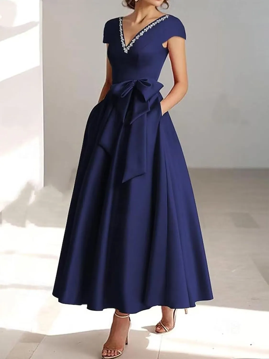 Women's Cap Sleeves Elegant Dress with Pocket Satin V Neck Tea Lenght A Line Formal Wedding Guest Dress with Bow