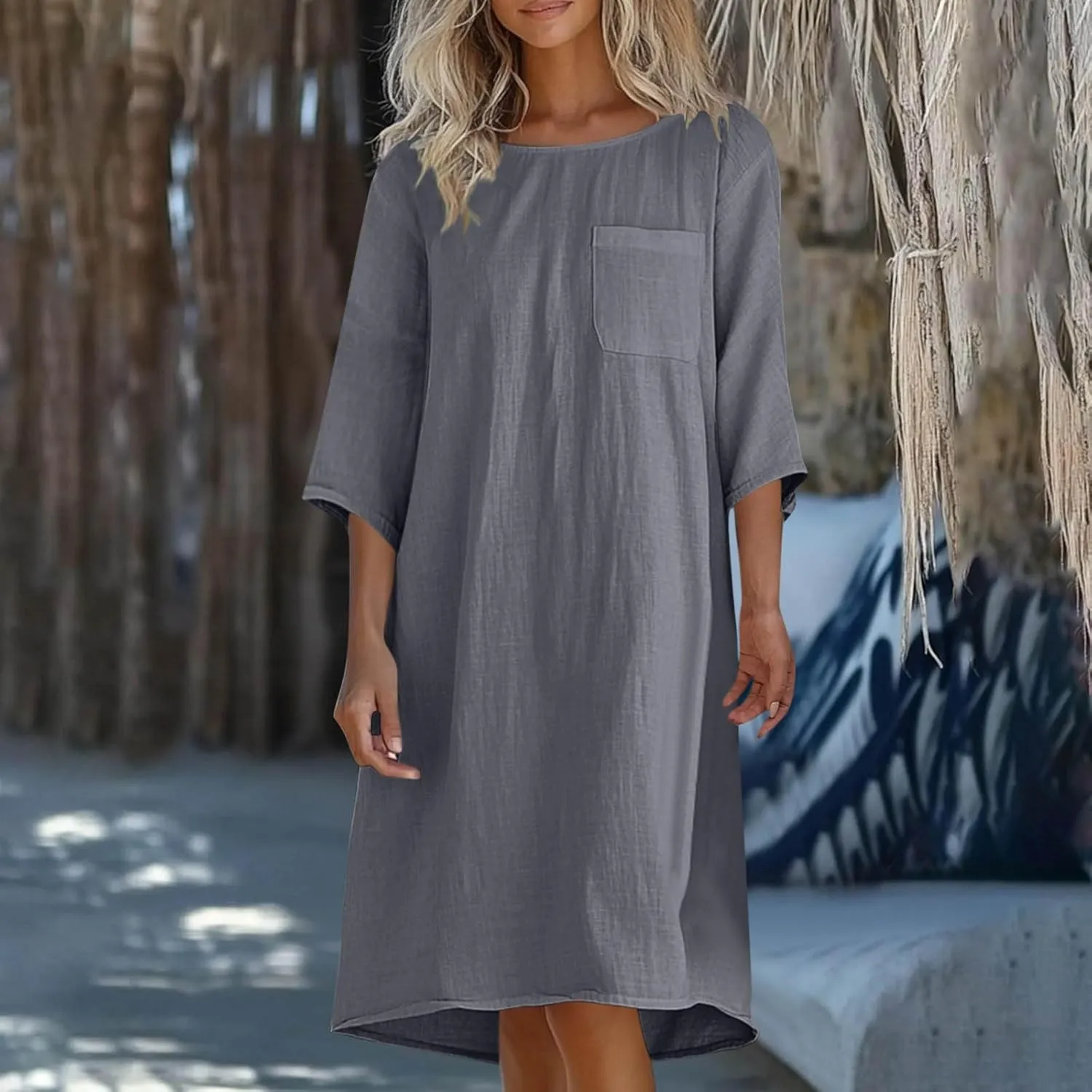 Women's Casual 3/4 Sleeve Summer Dress Loose Fit Round Neck Beach Vacation Shift Flowy Midi Dresses with Pocket