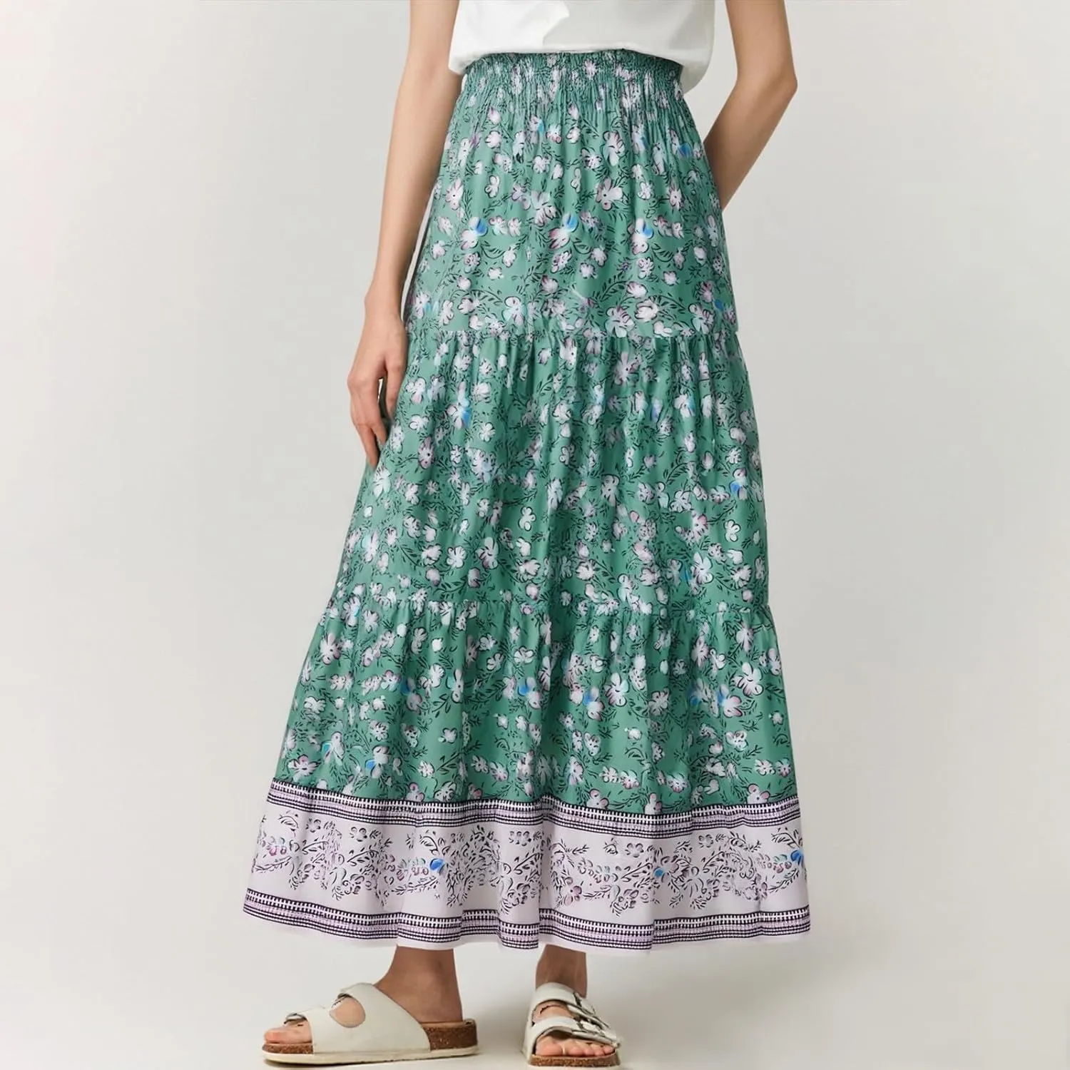 Womens Casual Boho High Waisted Flowy Maxi Skirts 2025 Summer Trendy Floral A Line Tiered Long Skirt