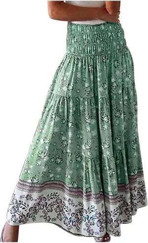 Womens Casual Boho High Waisted Flowy Maxi Skirts 2025 Summer Trendy Floral A Line Tiered Long Skirt