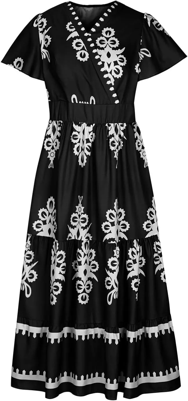 Women's Casual Boho Maxi Dresses Summer V Neck Short Sleeve Floral Print Dress Flowy Beach Sundress with Pockets