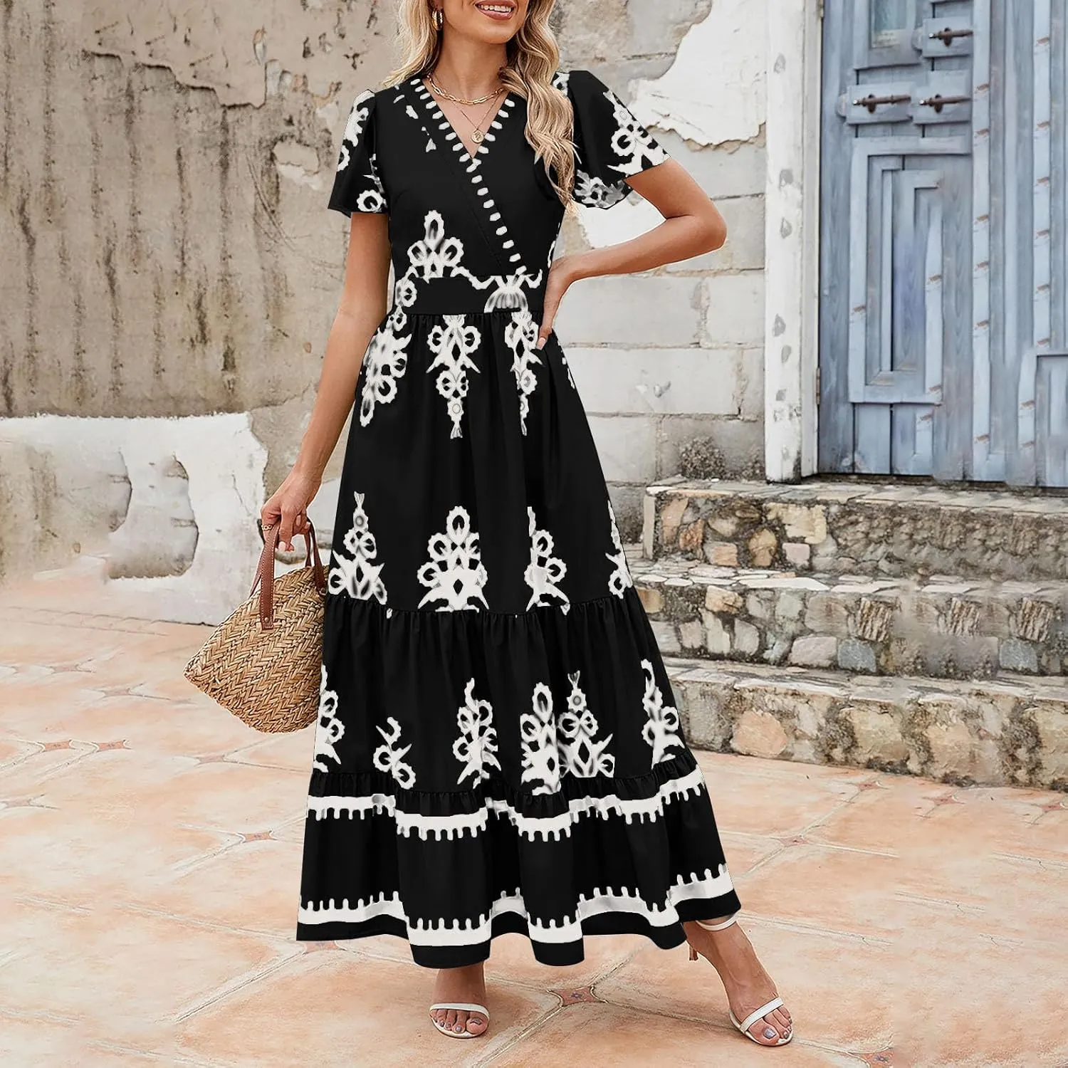 Women's Casual Boho Maxi Dresses Summer V Neck Short Sleeve Floral Print Dress Flowy Beach Sundress with Pockets