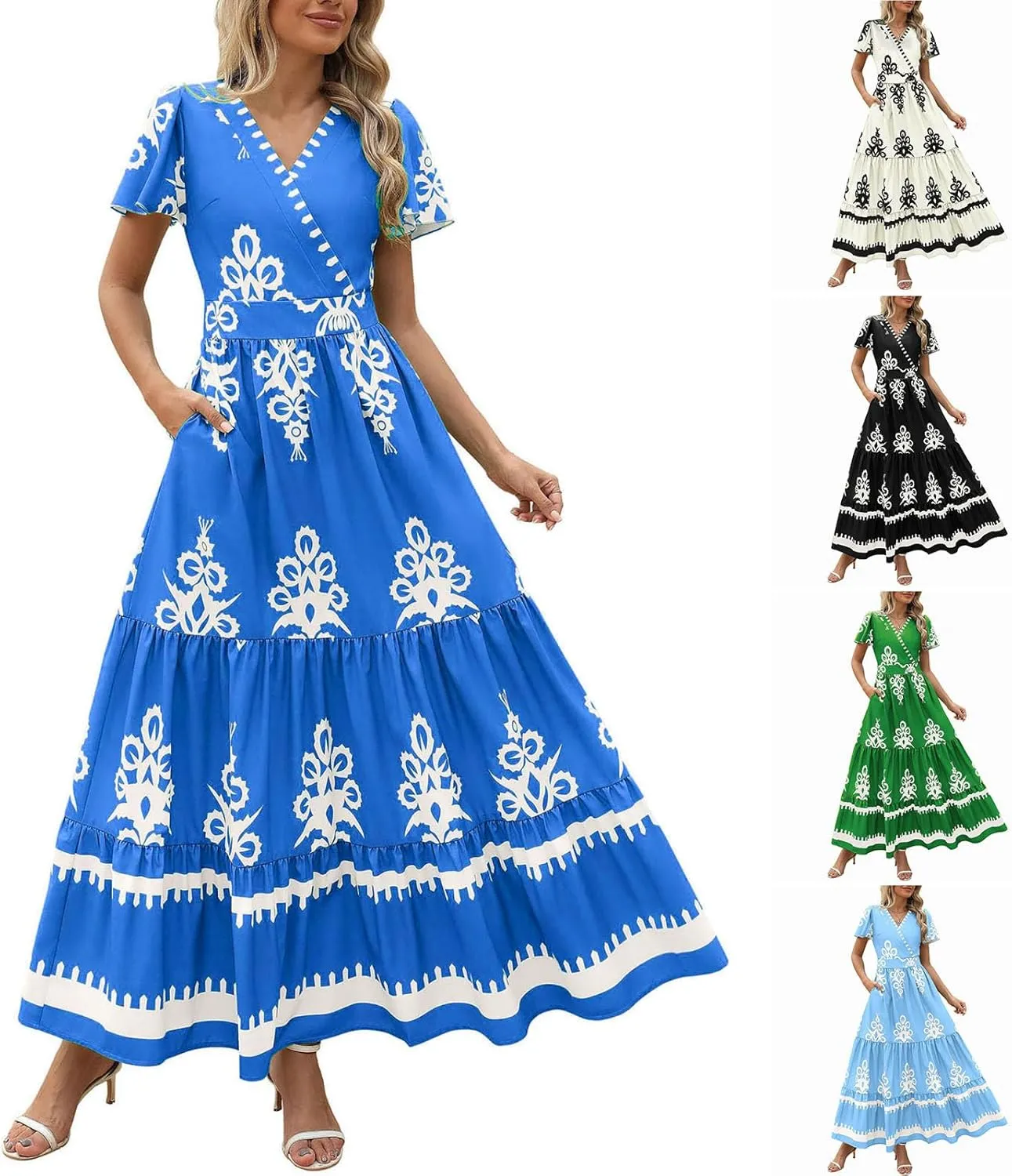 Women's Casual Boho Maxi Dresses Summer V Neck Short Sleeve Floral Print Dress Flowy Beach Sundress with Pockets