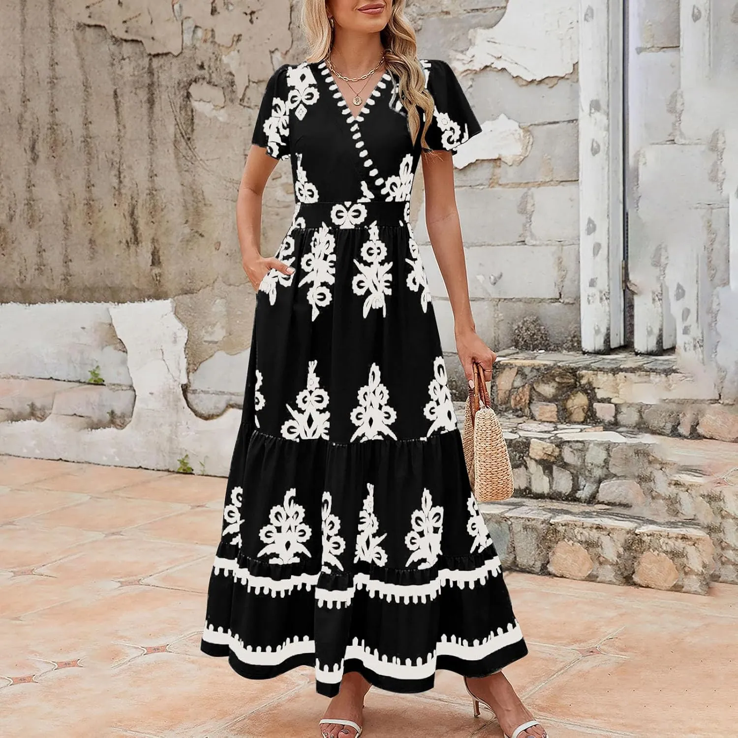 Women's Casual Boho Maxi Dresses Summer V Neck Short Sleeve Floral Print Dress Flowy Beach Sundress with Pockets