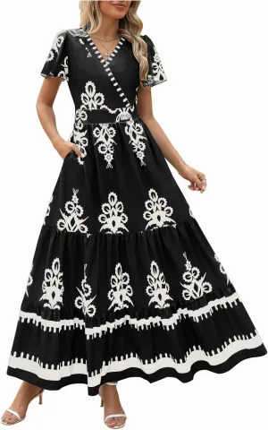 Women's Casual Boho Maxi Dresses Summer V Neck Short Sleeve Floral Print Dress Flowy Beach Sundress with Pockets