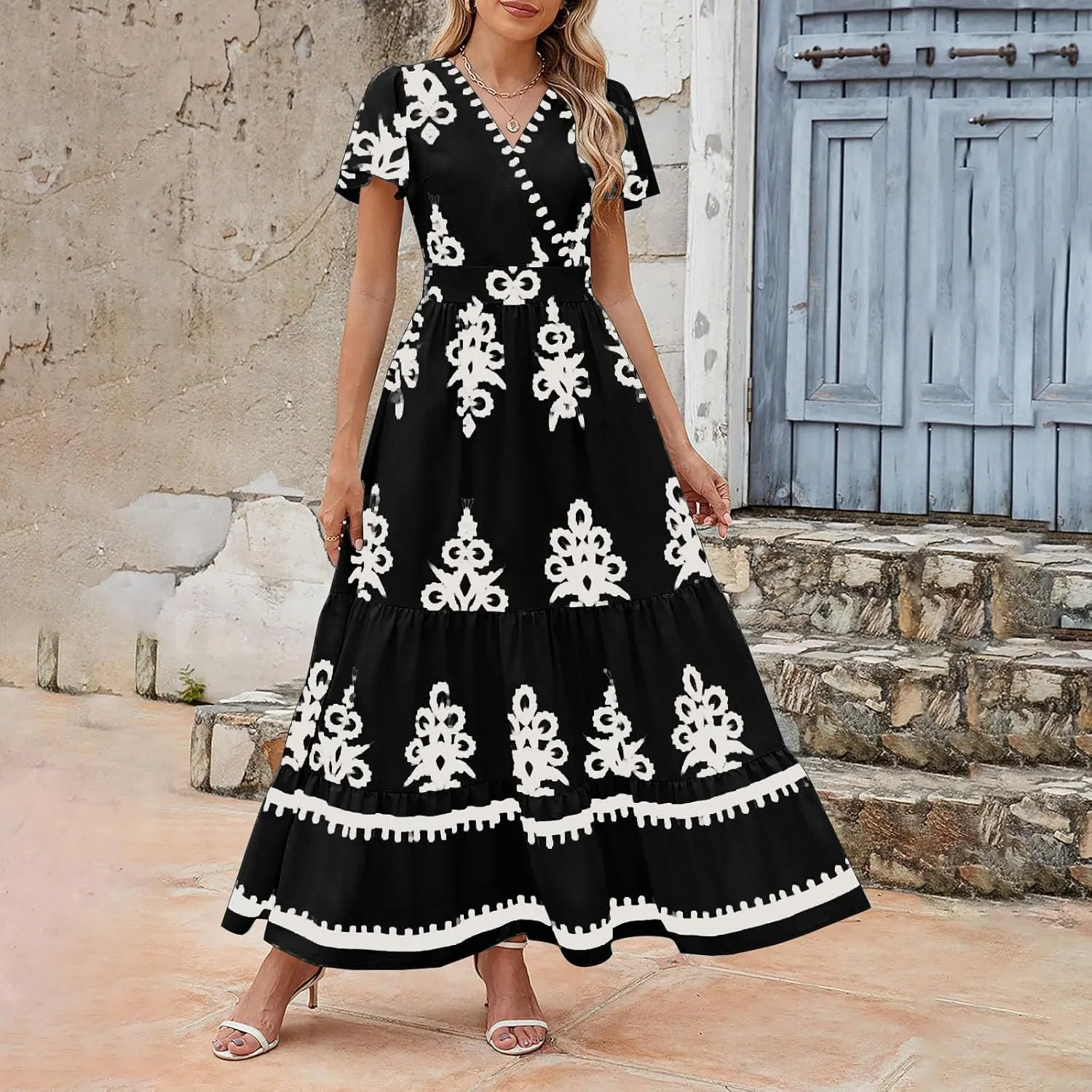 Women's Casual Boho Maxi Dresses Summer V Neck Short Sleeve Floral Print Dress Flowy Beach Sundress with Pockets