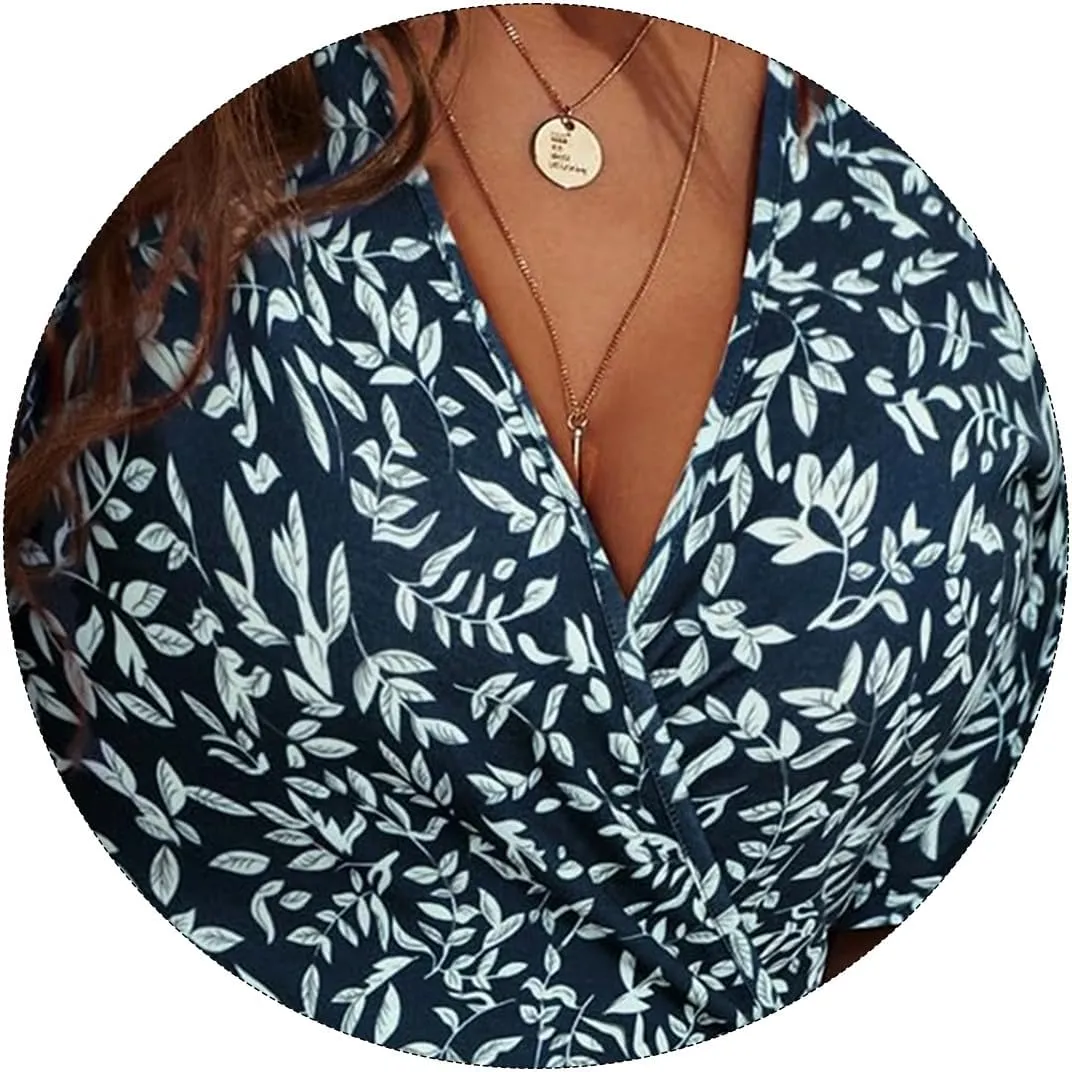 Womens Casual Dress Floral Short Sleeve Wrap V Neck A-Line Midi Dress Summer Flowy Short Vacation Beach Sundress