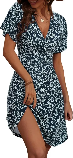 Womens Casual Dress Floral Short Sleeve Wrap V Neck A-Line Midi Dress Summer Flowy Short Vacation Beach Sundress