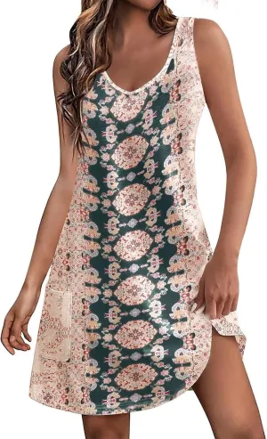 Women's Casual Dress Floral Summer Dress Ruffle Sleeve Crewneck Flowy Swing Mini Dresses with Pockets