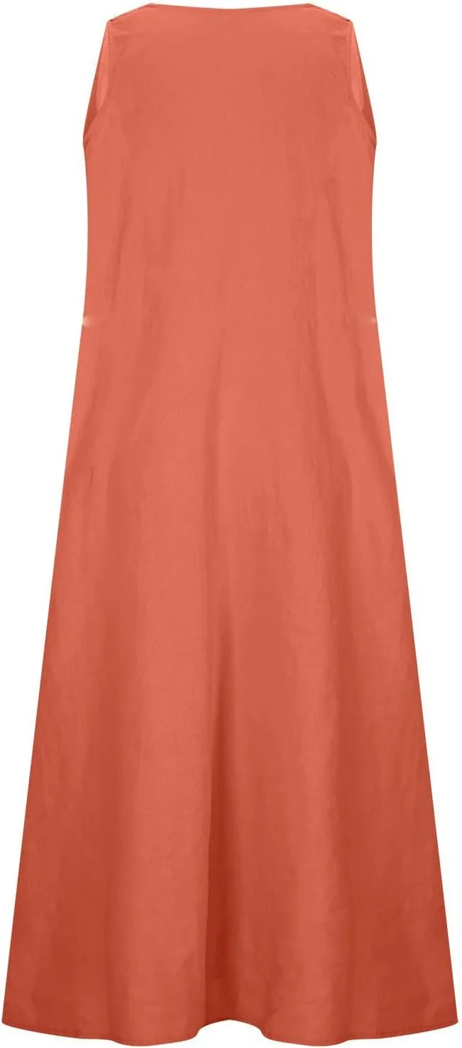Women's Casual Dresses Trendy 2024 Cotton Linen Sleeveless Midi Tank Dresses Maxi T-Shirts Sundresses with Pockets