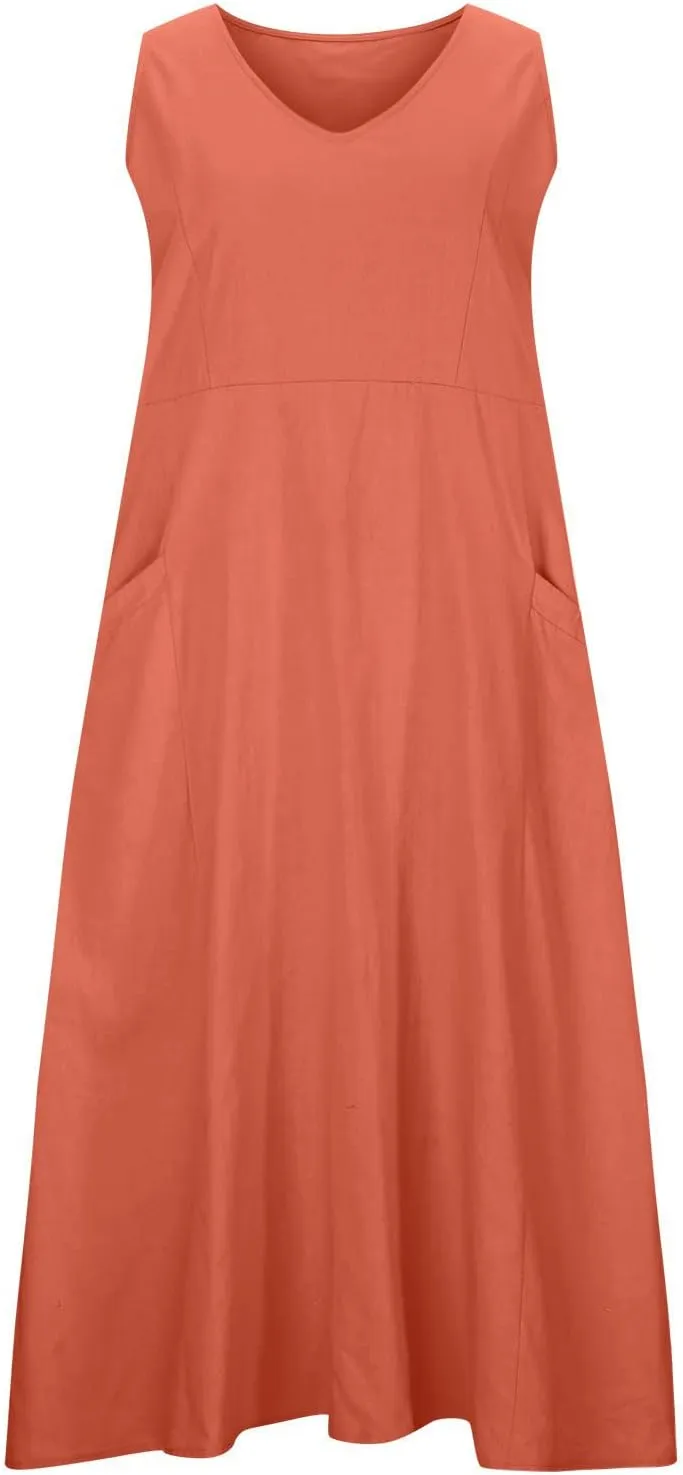Women's Casual Dresses Trendy 2024 Cotton Linen Sleeveless Midi Tank Dresses Maxi T-Shirts Sundresses with Pockets