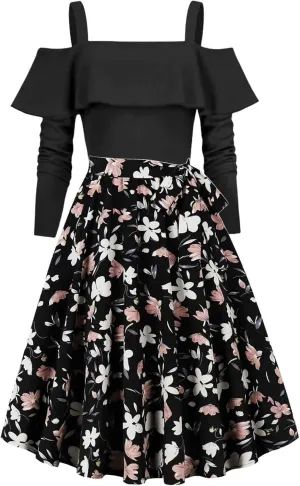 Women's Casual Dresses Womens Long Sleeve Dress A-Line Off Shoulder Pleated A-Line Flowy Tie Waist Mini Dress