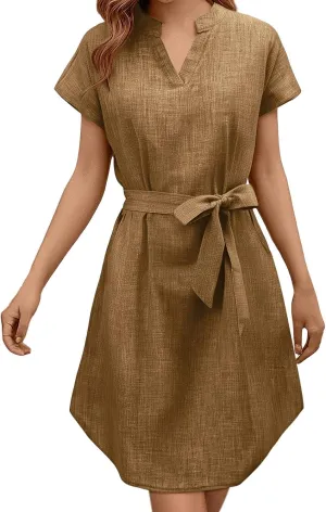 Womens Casual Mini Dresses Solid V Neck Short Sleeve Shirt Belted Dress Irregular Hem Sundress Spring Summer 2025