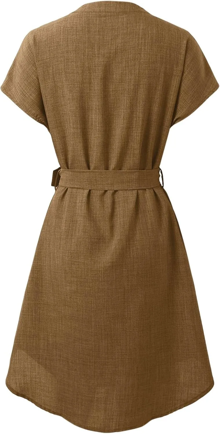 Womens Casual Mini Dresses Solid V Neck Short Sleeve Shirt Belted Dress Irregular Hem Sundress Spring Summer 2025