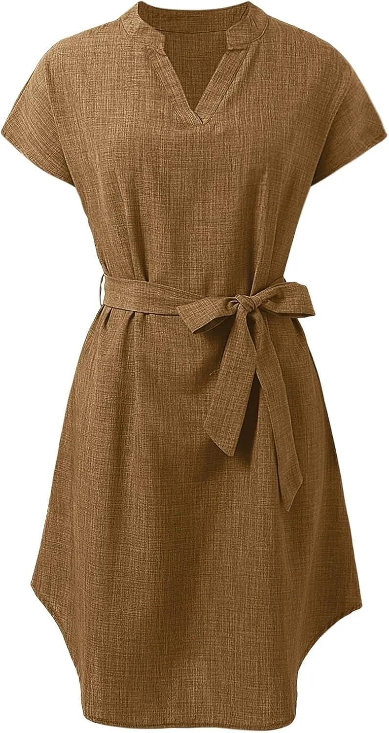 Womens Casual Mini Dresses Solid V Neck Short Sleeve Shirt Belted Dress Irregular Hem Sundress Spring Summer 2025