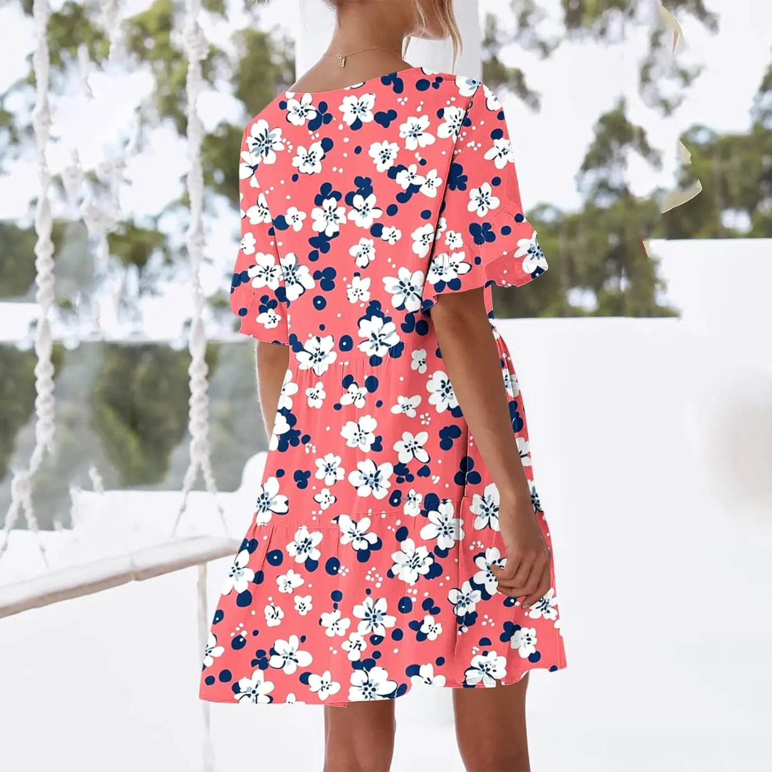 Women's Casual Ruffle Beach Dresses Trendy 2025 Summer Floral Print Loose V Neck A-Line Short Sleeve Mini Dress with Pockets