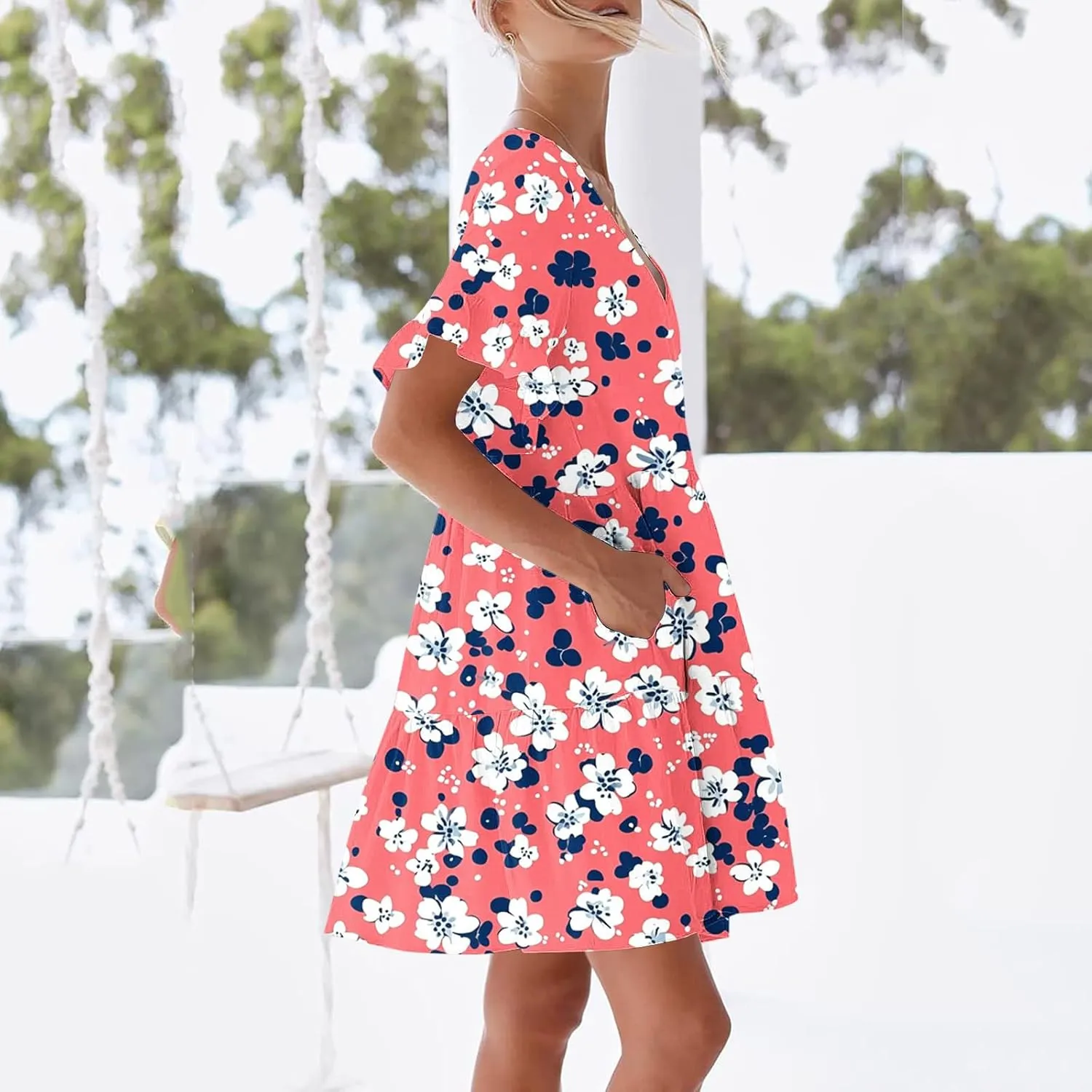 Women's Casual Ruffle Beach Dresses Trendy 2025 Summer Floral Print Loose V Neck A-Line Short Sleeve Mini Dress with Pockets