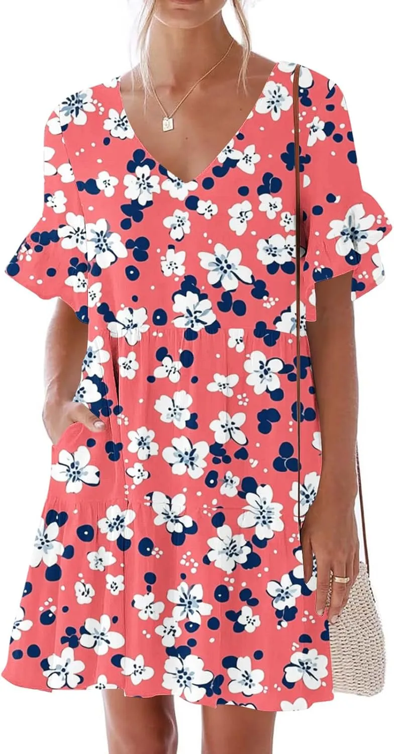 Women's Casual Ruffle Beach Dresses Trendy 2025 Summer Floral Print Loose V Neck A-Line Short Sleeve Mini Dress with Pockets