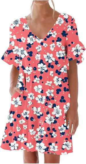 Women's Casual Ruffle Beach Dresses Trendy 2025 Summer Floral Print Loose V Neck A-Line Short Sleeve Mini Dress with Pockets