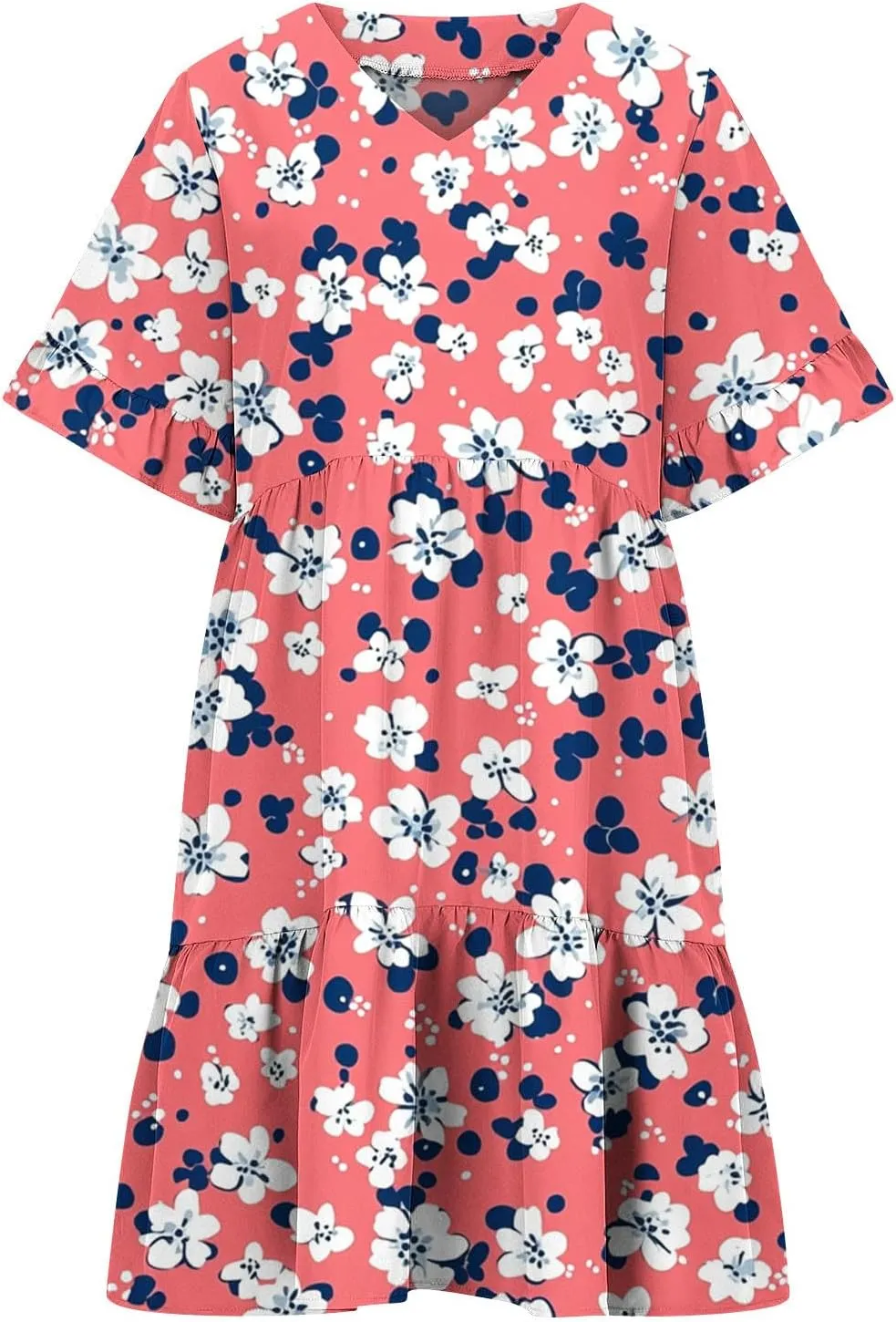 Women's Casual Ruffle Beach Dresses Trendy 2025 Summer Floral Print Loose V Neck A-Line Short Sleeve Mini Dress with Pockets