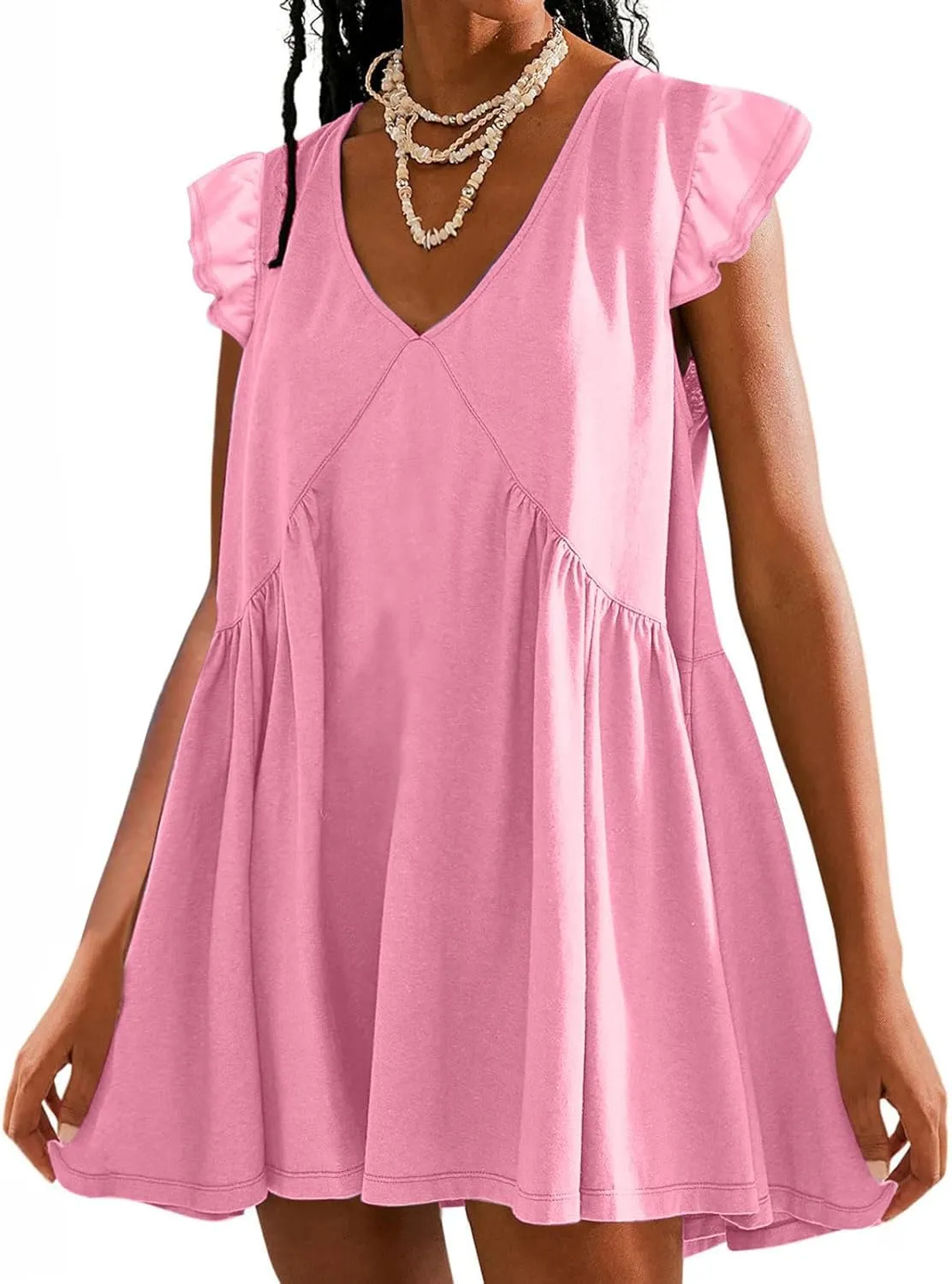 Womens Casual Short Dress Flutter Short Sleeve Ruffle Dresses Trendy Flowy V-Neck Swing Dress A-Line Mini Sundress