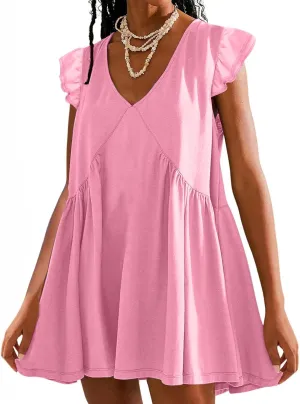 Womens Casual Short Dress Flutter Short Sleeve Ruffle Dresses Trendy Flowy V-Neck Swing Dress A-Line Mini Sundress