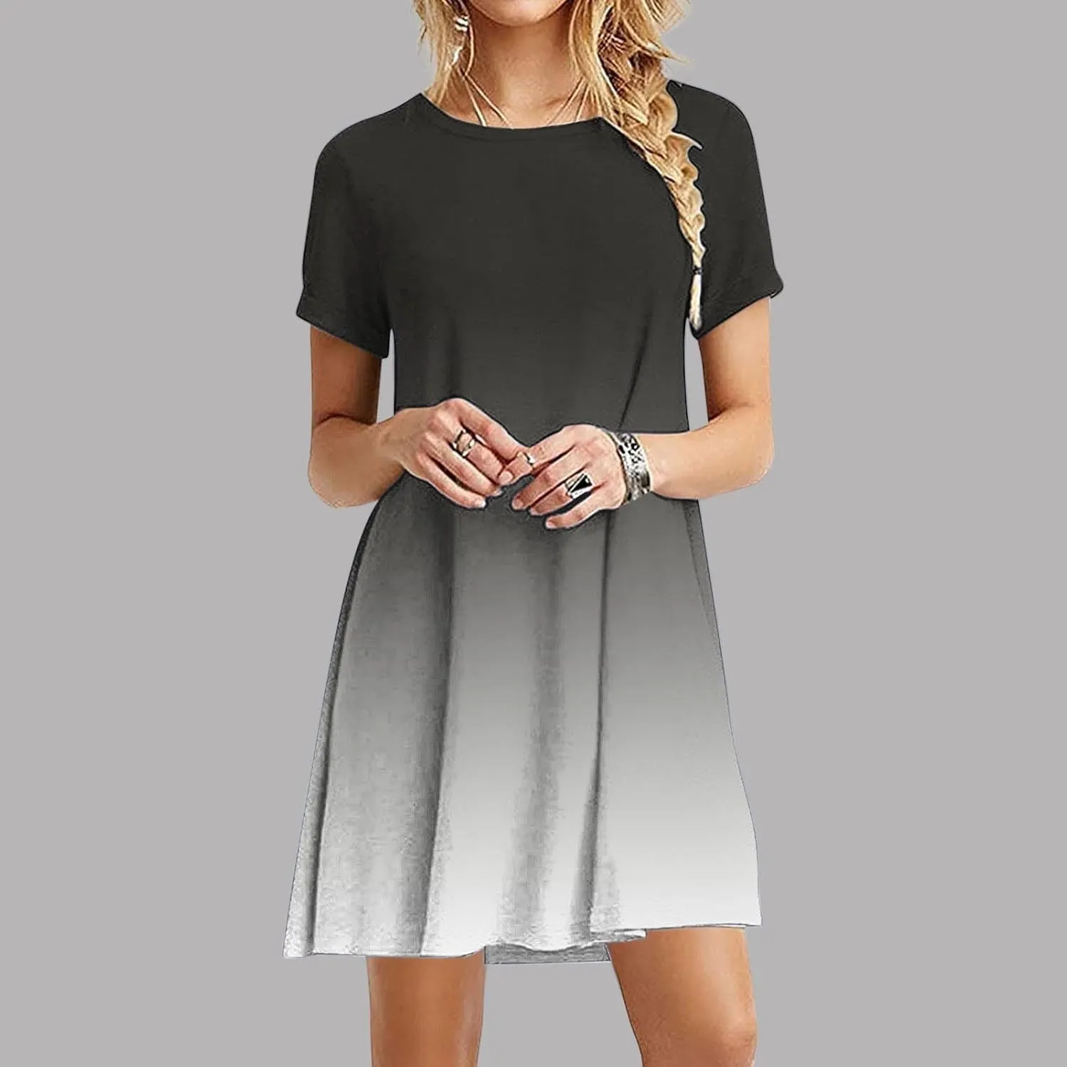 Womens Casual Short Sleeve Dress Summer Plus Size Loose Fit T-Shirt Sundress Gradient Color Swing Dresses