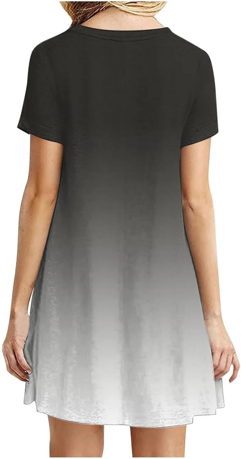 Womens Casual Short Sleeve Dress Summer Plus Size Loose Fit T-Shirt Sundress Gradient Color Swing Dresses