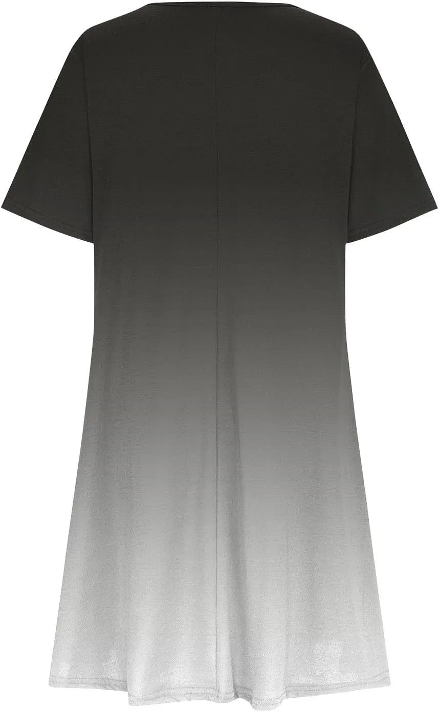 Womens Casual Short Sleeve Dress Summer Plus Size Loose Fit T-Shirt Sundress Gradient Color Swing Dresses