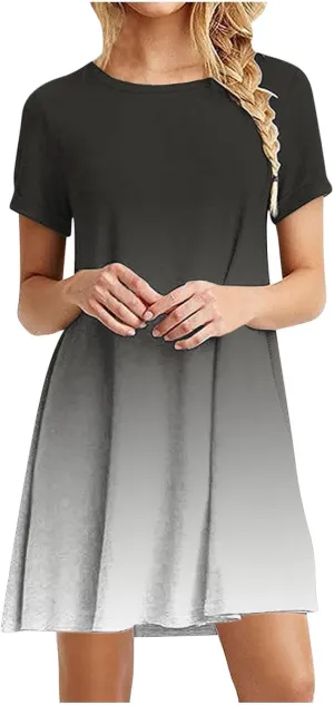 Womens Casual Short Sleeve Dress Summer Plus Size Loose Fit T-Shirt Sundress Gradient Color Swing Dresses