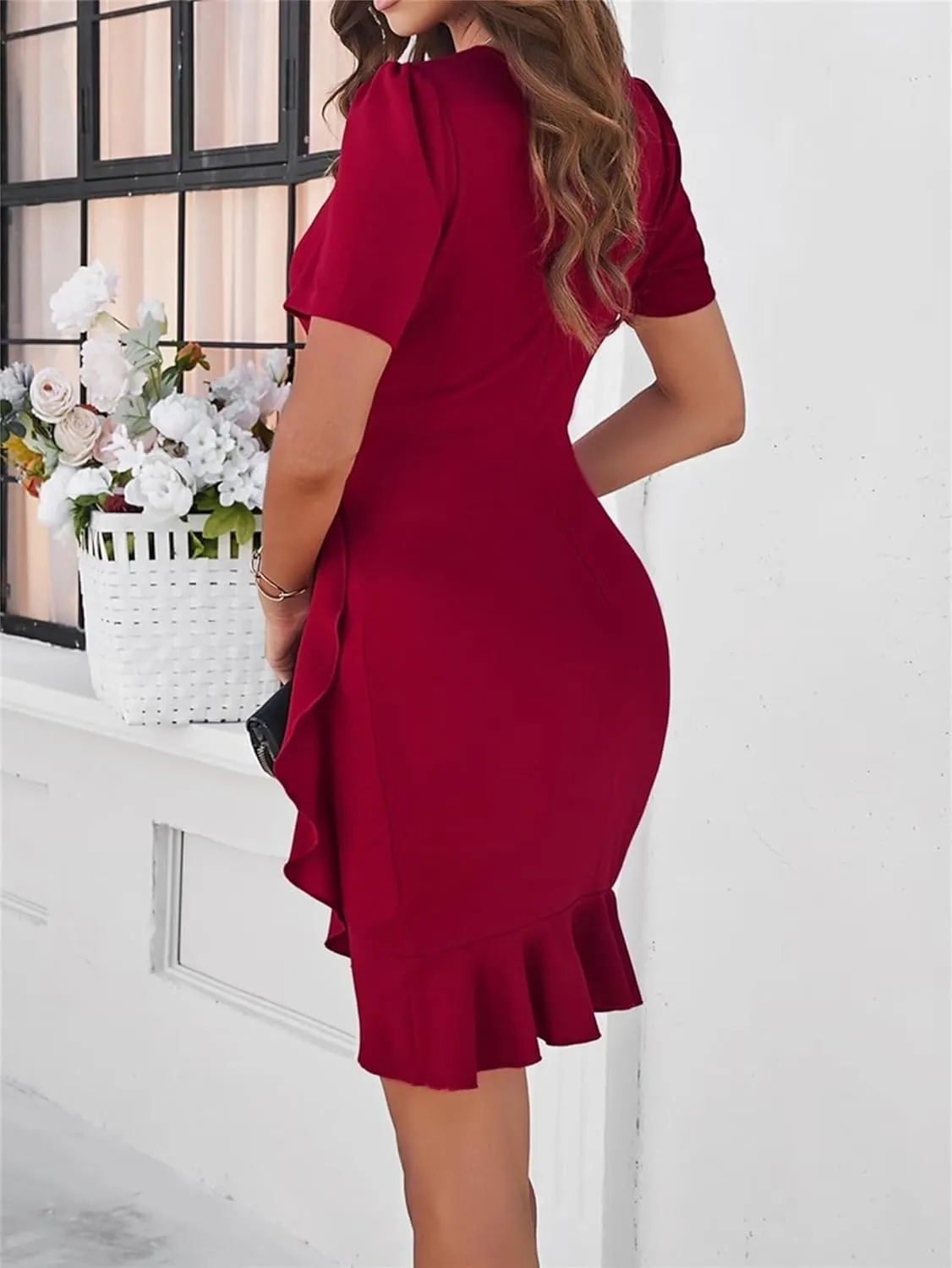 Womens Casual Summer Dresses Short Sleeve O Neck Mini Ruffle Dresses Elegant Wedding Guest Dresses Corset Work Dress