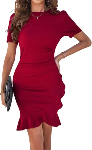 Womens Casual Summer Dresses Short Sleeve O Neck Mini Ruffle Dresses Elegant Wedding Guest Dresses Corset Work Dress