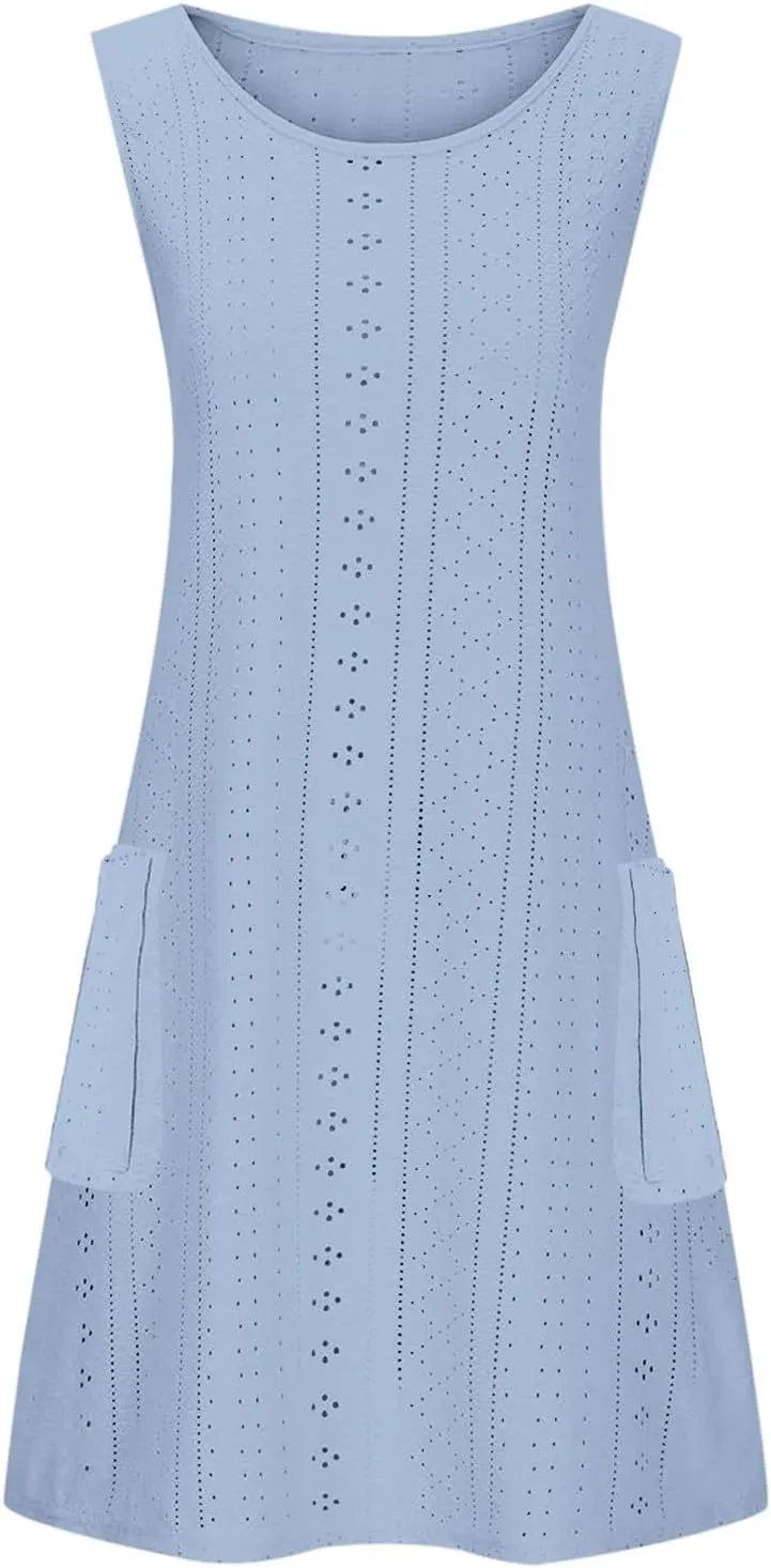 Womens Casual Summer Dresses Sleeveless Crewneck Tank Midi Dress with Pockets Trendy Spring Loose Beach Sundress