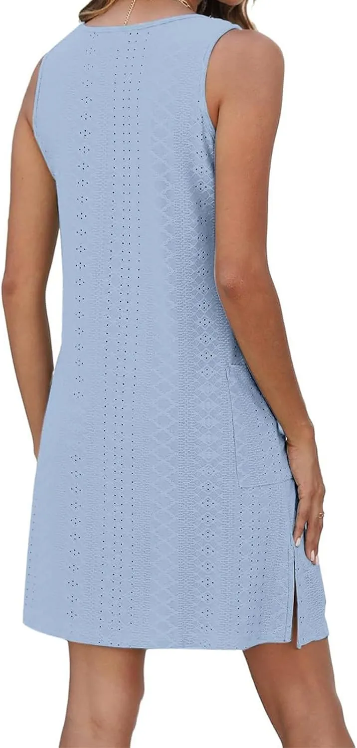 Womens Casual Summer Dresses Sleeveless Crewneck Tank Midi Dress with Pockets Trendy Spring Loose Beach Sundress