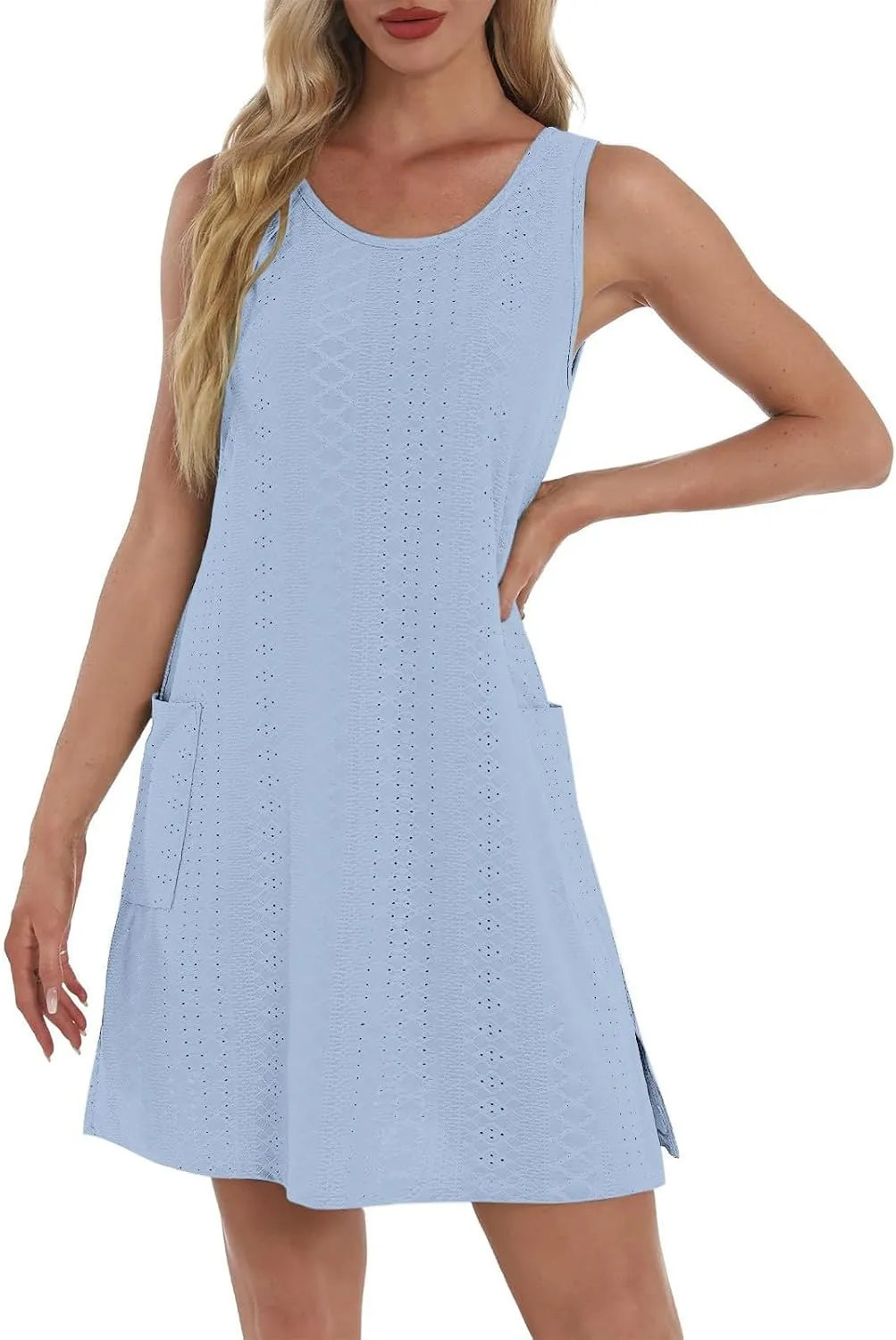Womens Casual Summer Dresses Sleeveless Crewneck Tank Midi Dress with Pockets Trendy Spring Loose Beach Sundress