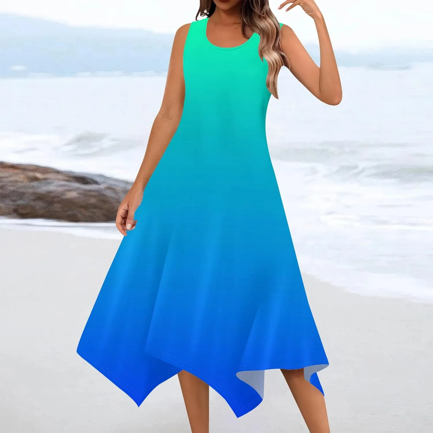 Women's Casual Summer Solid Color Midi Dress Sleeveless Swing Tank Sundress Pleated Tshirt Beach Cover Ups Dresses