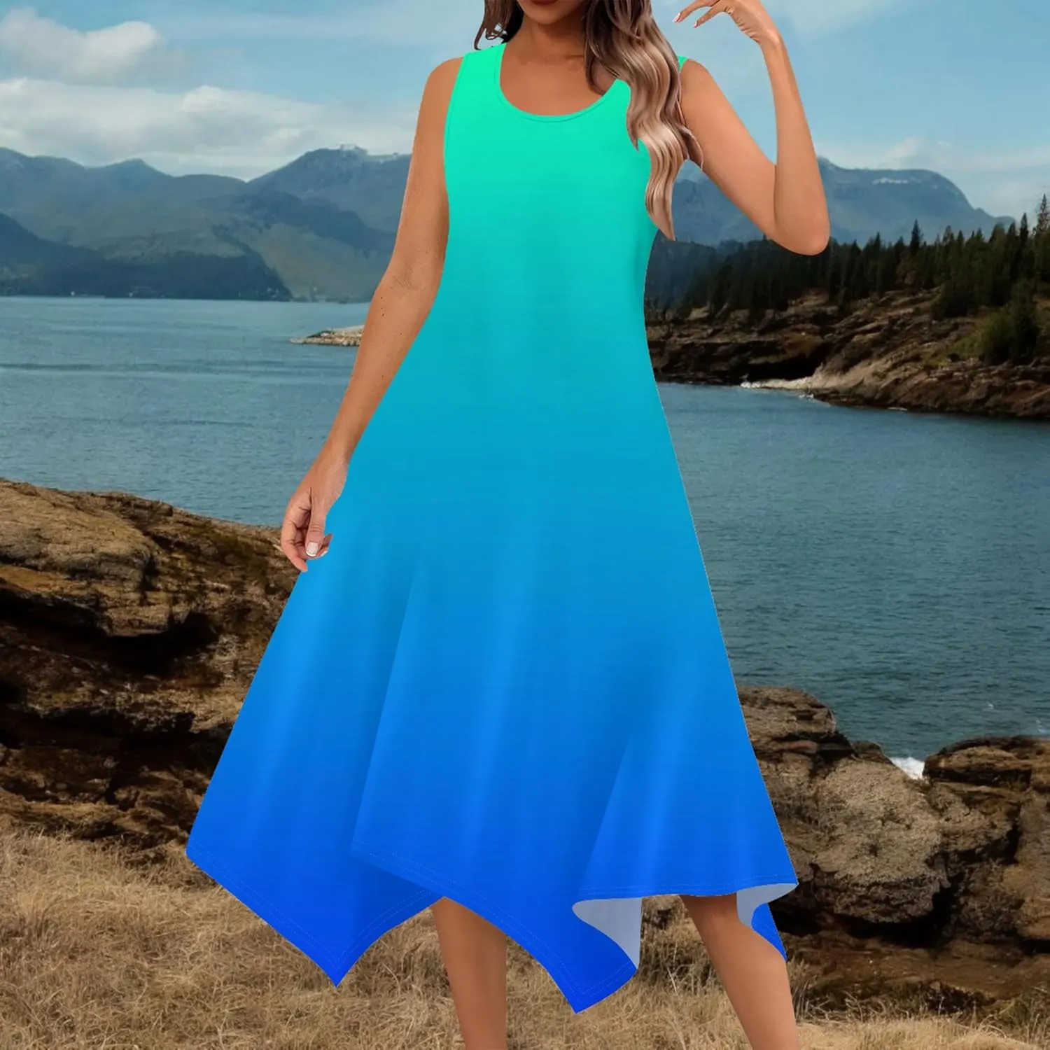 Women's Casual Summer Solid Color Midi Dress Sleeveless Swing Tank Sundress Pleated Tshirt Beach Cover Ups Dresses