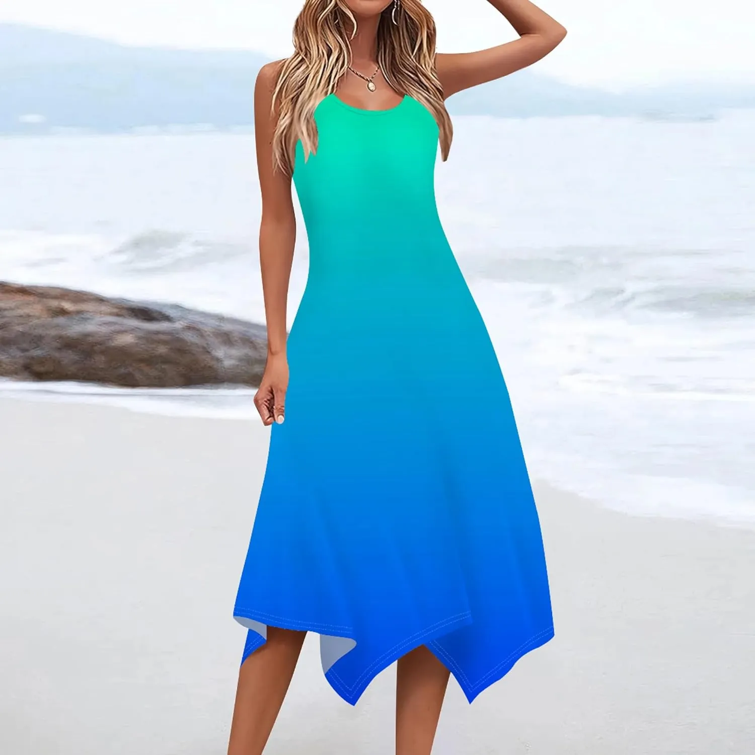 Women's Casual Summer Solid Color Midi Dress Sleeveless Swing Tank Sundress Pleated Tshirt Beach Cover Ups Dresses