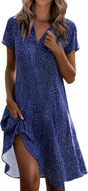 Womens Casual Summer Sundress Boho Short Sleeve V Neck Flowy A Line Midi Dress Polka Dot Loose Beach Vacation Dresses