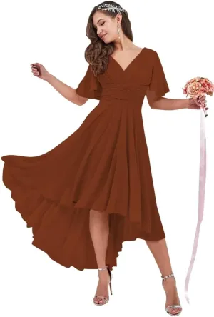 Women's Chiffon Bridesmaid Dresses for Wedding Flutter Sleeves Ruched Prom Dress V Neck Long A Line Formal Dress QM85