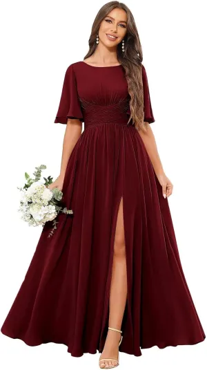 Women's Chiffon Bridesmaid Dresses with Slit Scoop Neck Flutter Sleeve Long Formal Wedding Guest Dress with Pockets