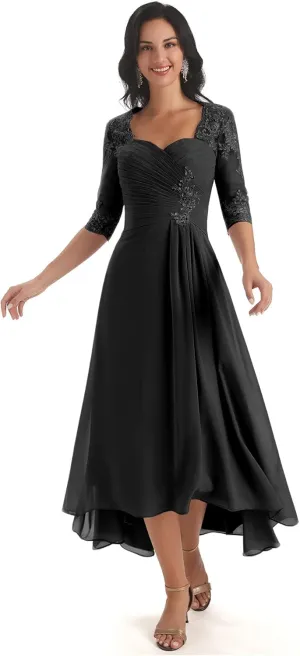 Women's Chiffon Lace Mother of The Bride Dress Long A Line Formal Evening Gown with Sleeves