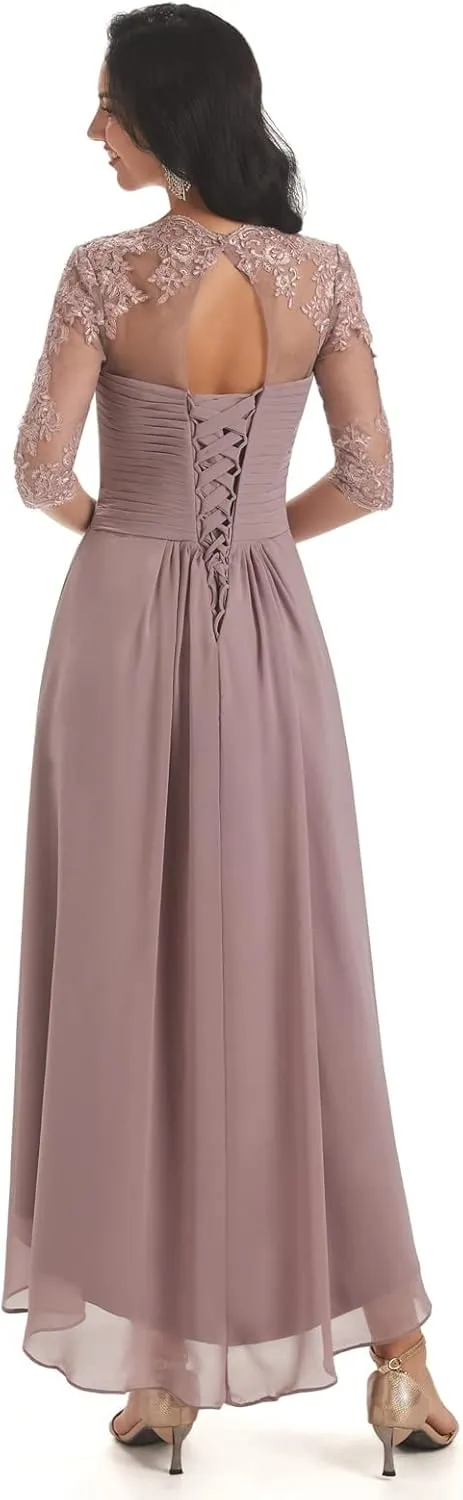 Women's Chiffon Lace Mother of The Bride Dress Long A Line Formal Evening Gown with Sleeves