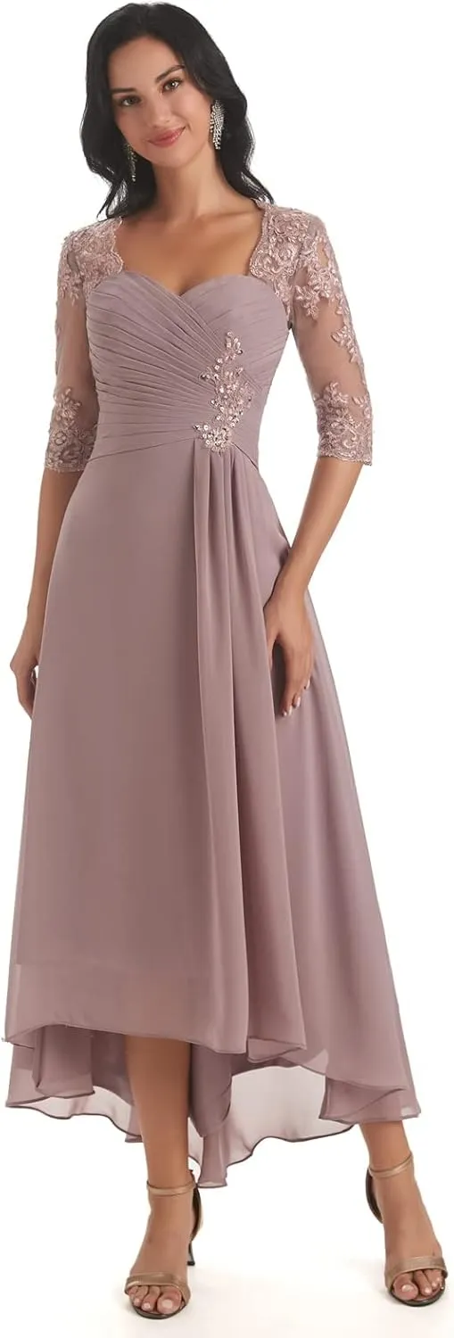 Women's Chiffon Lace Mother of The Bride Dress Long A Line Formal Evening Gown with Sleeves