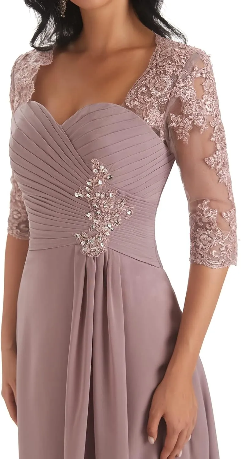 Women's Chiffon Lace Mother of The Bride Dress Long A Line Formal Evening Gown with Sleeves