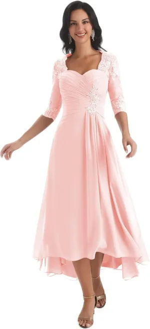 Women's Chiffon Mother of The Bride Dress LongLace Formal Evening Evening Gown with Sleeves