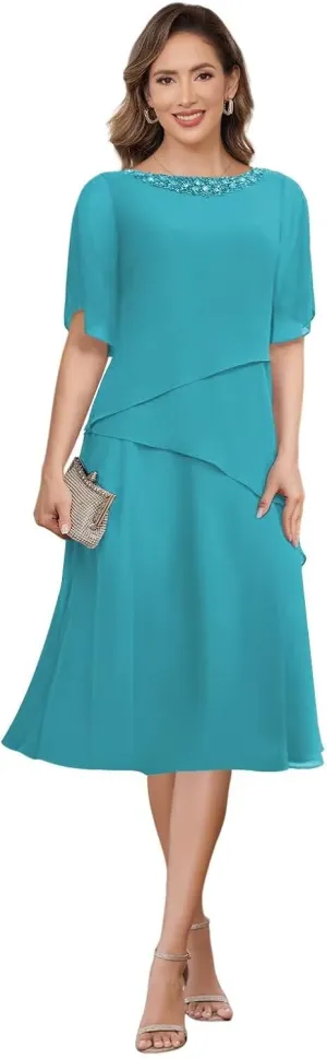 Women's Chiffon Mother of The Bride Dresses with Sleeves Scoop Neck A Line Formal Evening Dress VS178