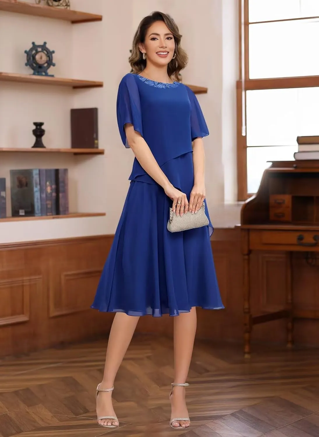 Women's Chiffon Mother of The Bride Dresses with Sleeves Scoop Neck A Line Formal Evening Dress VS178